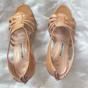 Manolo Blahnik Nude Patent Leather Strappy Slingback Heels AS IS